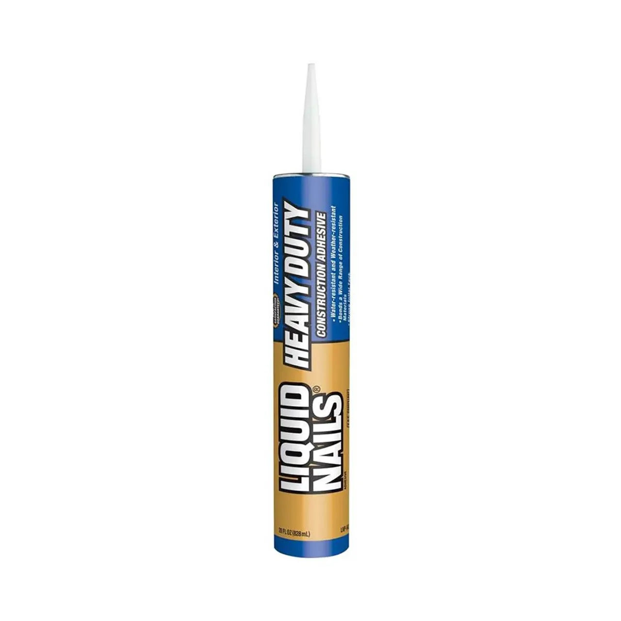 A 28 fl. oz. tube of Go Build Liquid Nails Heavy Duty Construction Adhesive, featuring a blue and gold label with a white nozzle, designed for strong bonding of building materials by The Fastest Way To Build.